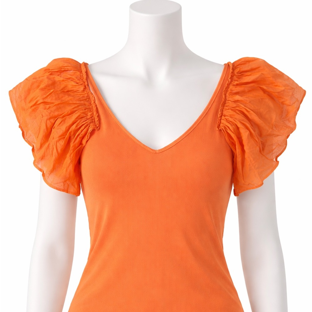 Orange Puff Sleeve V-Neck Women's Top